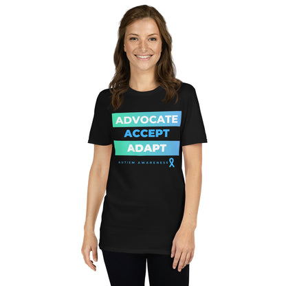 "Advocate. Accept. Adapt #AutismAwawareness" Short-Sleeve Unisex T-Shirt