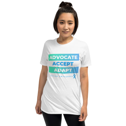 "Advocate. Accept. Adapt #AutismAwawareness" Short-Sleeve Unisex T-Shirt