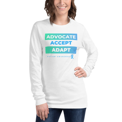 "Advocate, Accept, Adapt: Autism Awareness" Unisex Long Sleeve Tee